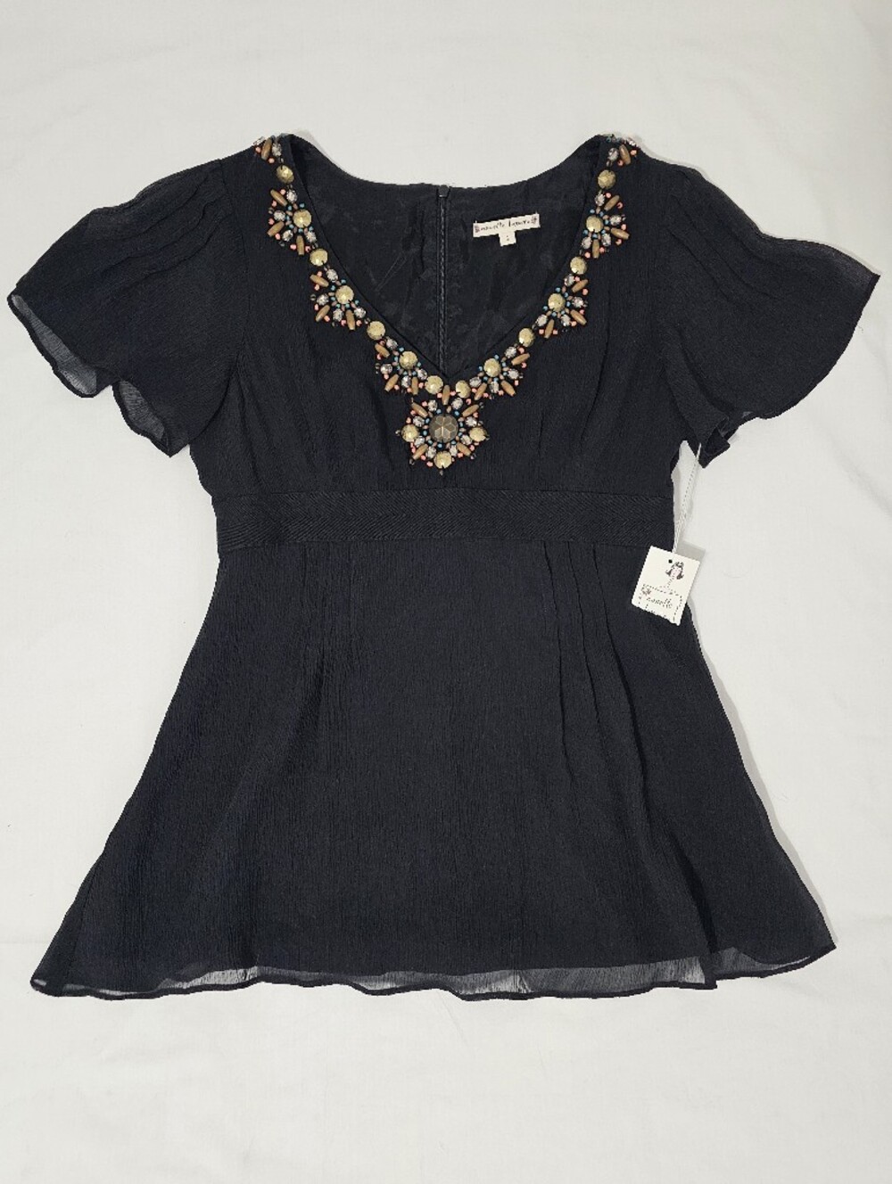 Nanette Lepore 100% Silk Embellished Beaded Flutter Sleeve Tunic Blouse Top Blk - Picture 2 of 9